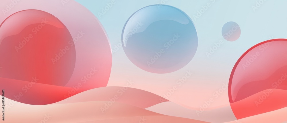 Poster abstract 3d render of spheres and waves in pastel colors, creating a dreamy and modern background fo