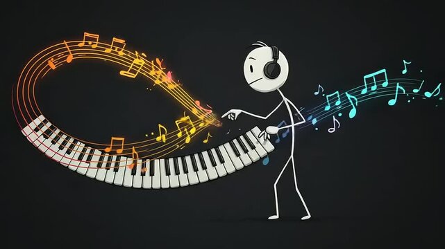 A stick figure playing piano surrounded by colorful musical notes in a dark background