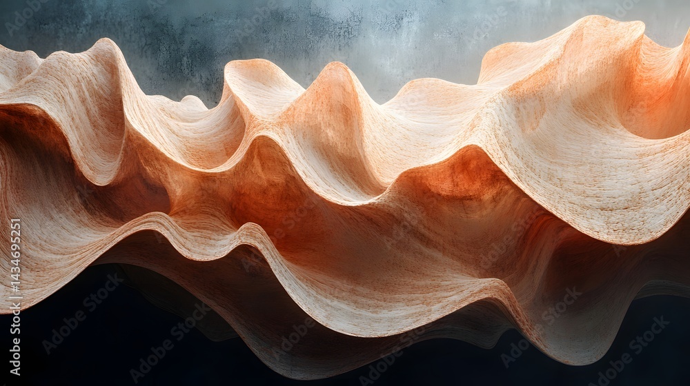 Poster abstract terrain of sculpted layers in cream and terracotta hues evokes depth and movement. the wave