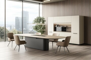 Fototapeta premium A minimalist beige and white kitchen interior showcasing a chair, dining table, potted plant, bowl, and refrigerator in a serene setting.