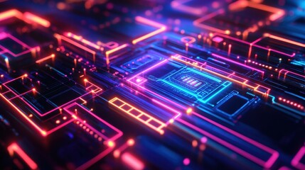 Obraz premium Intricate glowing circuit board design with vibrant neon lines.