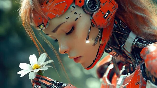 Woman in futuristic outfit with white flower