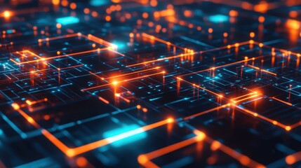 Complex network of interconnected circuits glowing with vibrant energy.