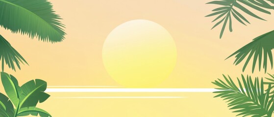 Tropical sunset illustration with palm leaves and ocean horizon in warm yellow tones, creating a peaceful and relaxing summer vacation vibe