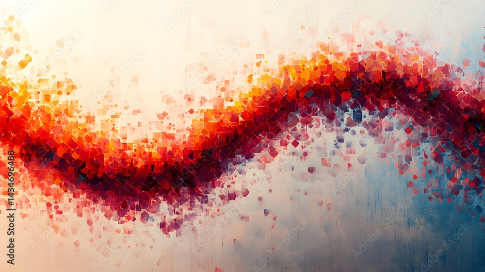 Poster dynamic wave of geometric fragments transitions from warm to cool colors, creating a textured, moder