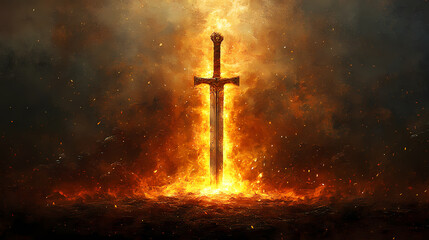 Naklejka premium A dramatic scene depicting warriors in battle, with glowing embers and a towering sword, evoking a sense of valor and conflict. Bloomshadow Glow. Illustration