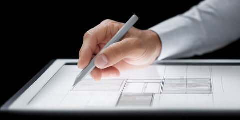 Hand using stylus on touchscreen tablet, sketching architectural lines. The tablet displays grid patterns.  