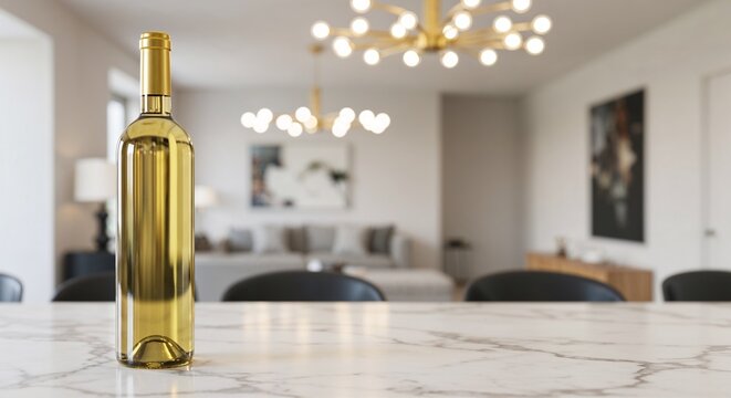 Premium white wine bottle mockup on marble kitchen counter with space for your text, perfect for restaurant menus and upscale advertising