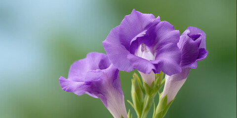 Purple flowers bloom with delicate petals and soft texture, highlighted against a blurred natural setting.  