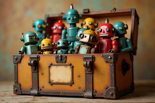 Old robot toys in a box in retro color