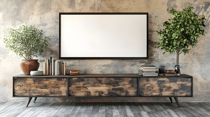 Large White Blank Poster Frame Above Modern Wooden Cabinet