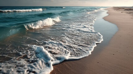 Gentle waves wash ashore beachfront realistic photograph coastal eye-level serene ocean scene