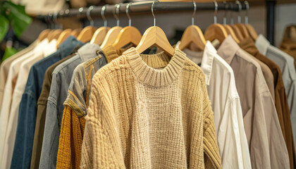 Obraz premium Cozy sweaters and stylish shirts hang on display in clothing store, showcasing variety of textures and colors