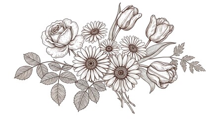 Elegant Floral Bouquet: Roses, Tulips, and Daisies in a Vintage Sketch