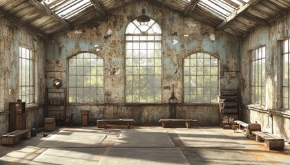 Abandoned warehouse interior with natural light, showcasing rustic textures and empty space