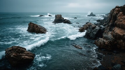 Rough waves crash against coastal rocks ocean shoreline realistic photography dramatic seascape wide angle nature's force