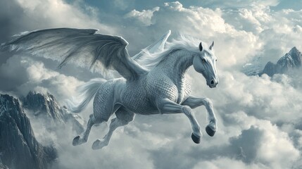 Fototapeta premium Mythical winged horse soaring above mountain peaks