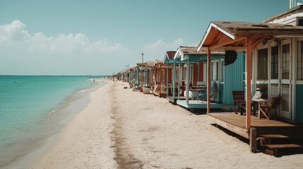 Vibrant beach cabanas tropical shoreline photography sunny environment coastal view colorful retreat