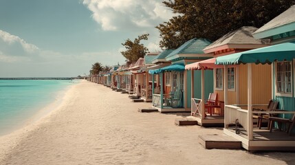 Obraz premium Relaxing beach scene colorful cabanas coastal paradise bright environment seaside view vibrant aesthetics