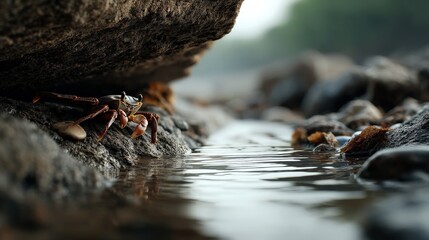 Crab hiding under rock coastal habitat realistic photograph natural environment low angle marine life