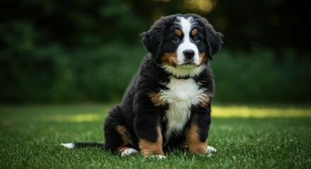 Young Bernese Mountain Dog puppy sitting on a grassy lawn