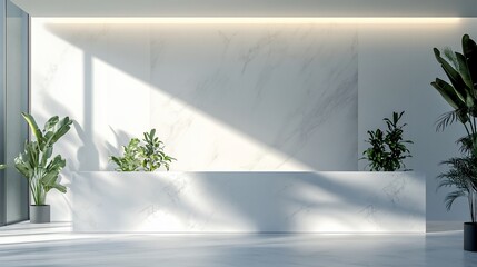 Modern reception desk, bright lobby, marble walls, plants, sunlight