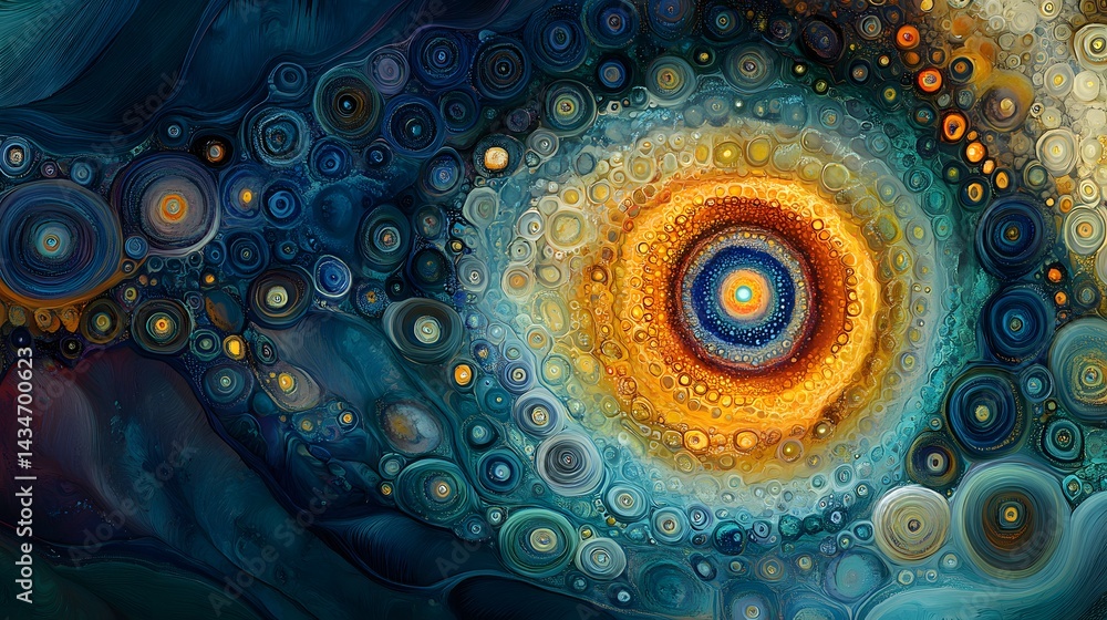 Poster Dynamic swirls of vibrant circles create a captivating abstract. Blues and oranges radiate from a central point, suggesting cellular activity and movement. Abstract Medical Pain.