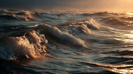 Fototapeta premium Golden sunlight illuminating ocean waves coastal serenity photography seascape warm glow nature's beauty