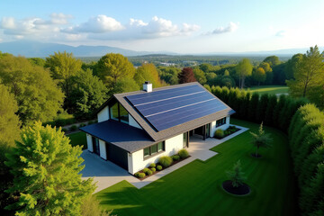 Obraz premium An aerial shot of a residential area, focusing on a house with solar panels and a well-maintained garden