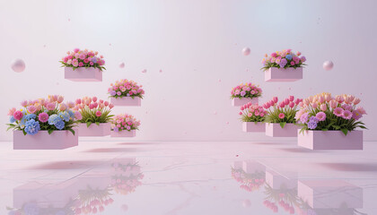 shot features  floating boxes filled with  colorful flowers.  The pastel colors and geometric shapes create a  peaceful and romantic ambiance.