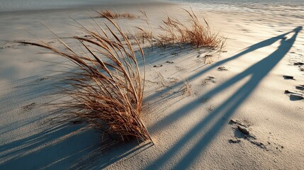 Long shadow cast by beach grass seaside realistic photograph natural environment low angle evocative scene