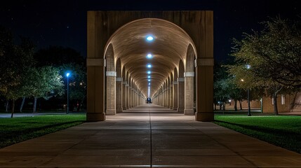 Nighttime View of a College Campus Archway with Realistic Lighting and Perspectives
