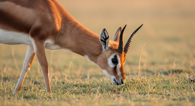 Graceful antelope grazes peacefully in golden light, its elegant horns silhouetted against the soft, blurred backdrop of the savanna.