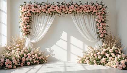 Beautifully decorated archway adorned with pastel pink roses and white fabric for a wedding ceremony, creating a soft and romantic ambiance.