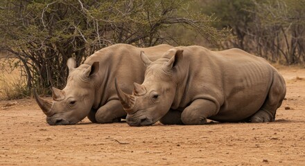Fototapeta premium Two rhinoceros rest side-by-side on the ground in a dry landscape, showcasing their size, horns, and textured skin.