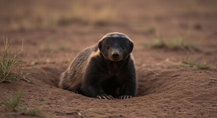 A honey badger sits near its den on brown arid soil, with green grass in the background during daylight; showing its strong paws with claws.