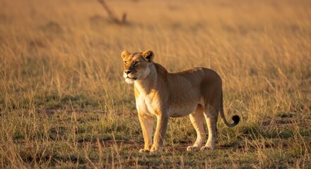 Fototapeta premium A lioness surveys the African grasslands, golden hour light casting long shadows across the savannah. A symbol of power and grace.