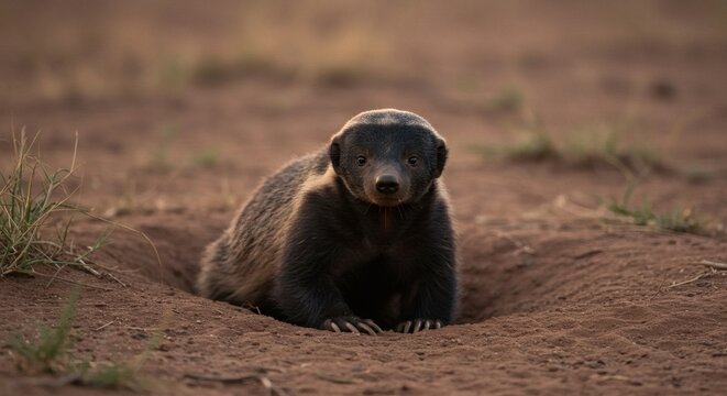 A honey badger sits near its den on brown arid soil, with green grass in the background during daylight; showing its strong paws with claws. - Powered by Adobe