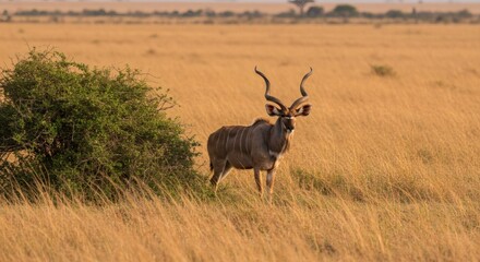 Fototapeta premium Majestic kudu gazes serenely from the grassy plains, horns reaching towards the sky, embodying African wildlife and savanna beauty.