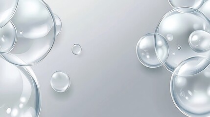 Sparkling water bubbles float on grey background; cosmetic ad