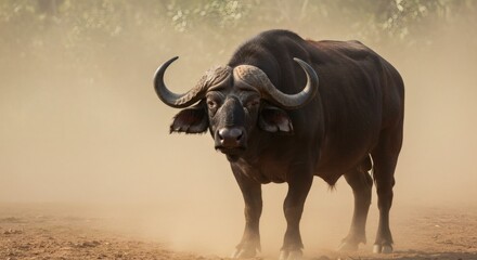 A formidable African buffalo stands tall, its imposing horns cutting through the dusty savanna, a symbol of strength and resilience.