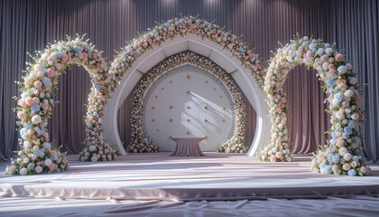 Sophisticated wedding ceremony space is adorned with multiple floral arches in pastel shades, creating a romantic atmosphere.