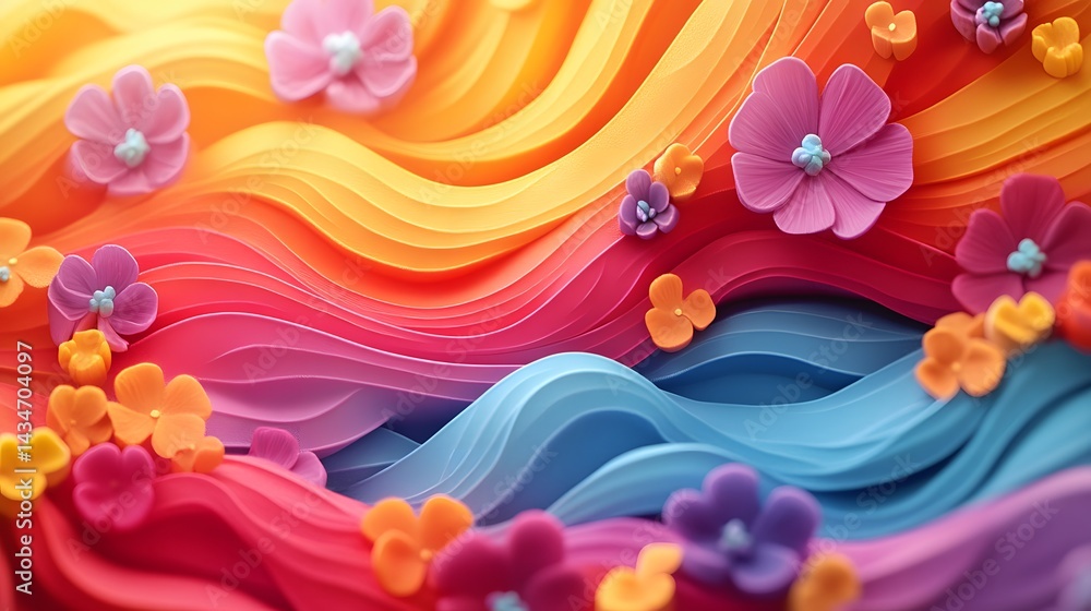 Poster A cheerful and whimsical digital rendering featuring flowing, colorful bands transitioning through a vibrant spectrum, scattered flowers, and a playful, imaginative style. Abstract Medical Pain
