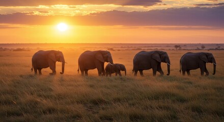 Fototapeta premium A family of elephants walks in a line across a grassy plain as the sun sets in the background, casting a warm glow over the scene.
