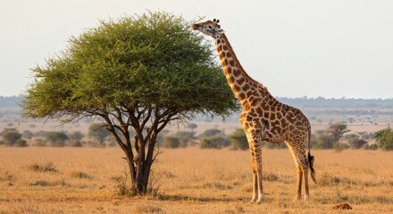 Obraz premium Giraffe feeding on leaves of a tree in the savanna. The animal's long neck allows it to reach high branches for sustenance in the African landscape.