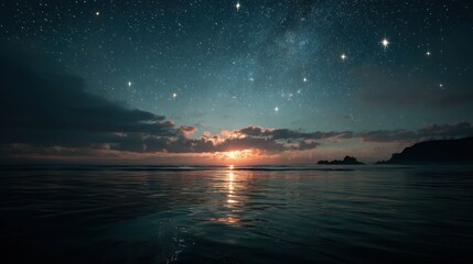Captivating stars above calm ocean oc high fidelity photograph serene environment night view astrophotography