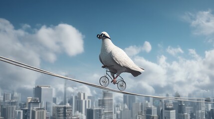 Whimsical bird on a bicycle balancing on a tightrope over a city, embracing adventure with a touch of humor and creativity.