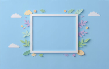 Pastel paper flowers and leaves surround a white square frame against a light blue background.  Simple, charming, and ideal for spring or summer designs.