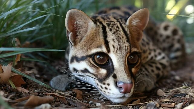Resting margay cat portrait with spotted fur, long whiskers, and amber eyes lying down amongst fallen leaves