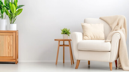 Fototapeta premium Tranquil living room corner with cozy armchair and subtle colorful accents for interior design inspiration